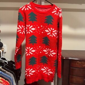 Festive Red Christmas Sweater with Trees and Snowflakes